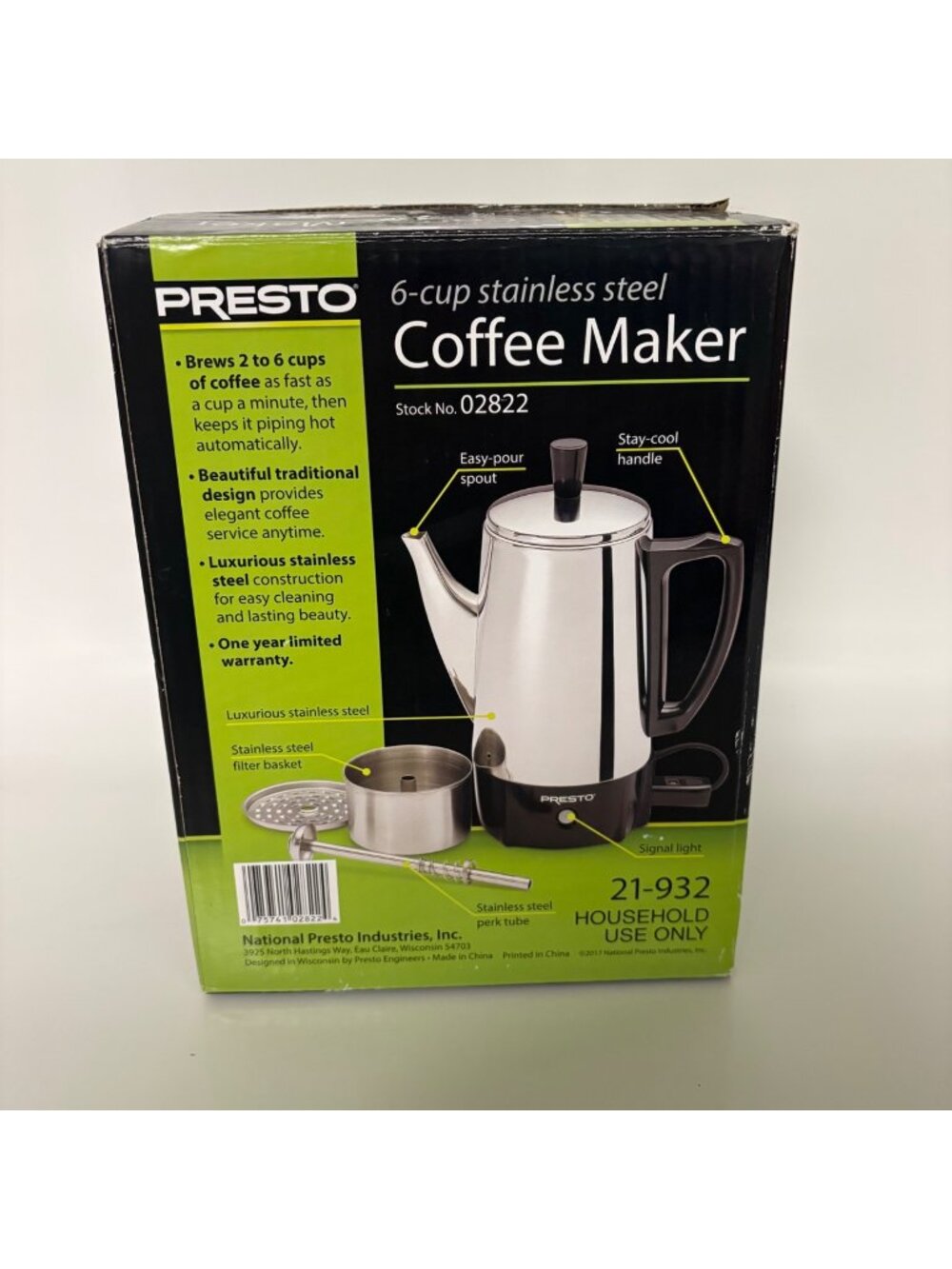Presto 6 Cup Stainless Steel Coffee Maker 02822 Unused